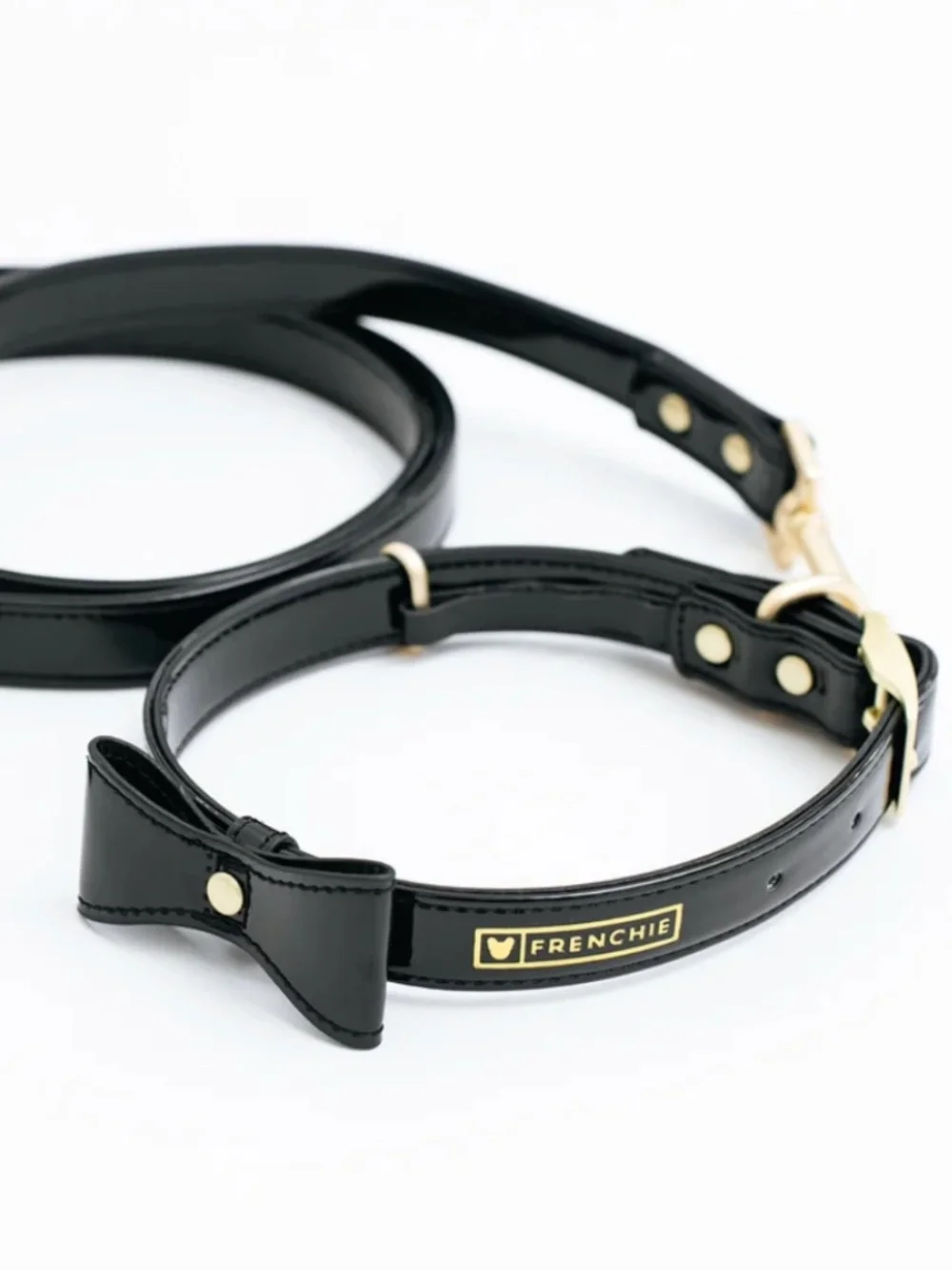 Frenchie Bulldog Vegan Leather Collar & Leash Set - Patent Leather